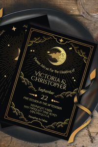 Celestial Cresent Man in the moon Wedding invitations. Perfect for a night under the stars, cosmic, horoscope, goth or mystical magical night for any celebration. All wording can be changed. Faux gold.