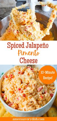 Spiced Jalapeño Pimento Cheese is a delicious twist on a southern classic. This homemade pimento cheese kicks things up quite a few notches with the heat from dry spices and the peppery tang from jarred jalapeños. Spice up your crackers, burgers, sandwiches, etc., with this delicious, creamy pimento cheese spread!