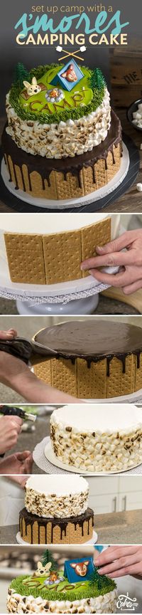 Learn how to make a S'mores cake with camping details and toasted marshmallows. Tutorial from cakes.com