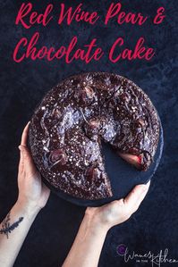 Deliciously impressive and easy to make red wine spiced poached pear and chocolate cake! Stunning deep ruby whole pears popping out of a moist boozy chocolate cake…fall and winter baking at it’s very best! #chocolatecake #holidaybaking