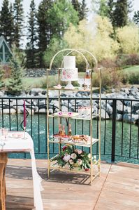 Style your vintage inspired bridal shower with a vintage brass + glass display shelf for your cake, sweets + beverages. Use vintage glasswares, cake stands and china plates for extra vintage style.