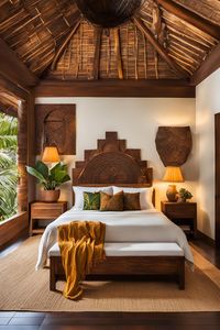 Bring a touch of Sri Lanka into your bedroom with rich textiles and hand-carved wood, creating a warm and authentic tropical retreat.  #tropicalinteriors #bedroominspo #islandliving #richtextiles #handcarvedwood #authenticdecor