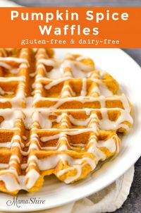 Enjoy the taste of fall with these delicious gluten-free pumpkin spice waffles. These crispy and fluffy waffles are perfect with maple syrup or maple glaze. #glutenfreebreakfast #glutenfreewaffles #dairyfreewaffles #pumpkinspicewaffles #glutenfreepumpkinspicewaffles