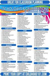 This Celebrations Around the World Calendar includes of 150 days to celebrate with kids in 2024, including multicultural holidays, festivals..