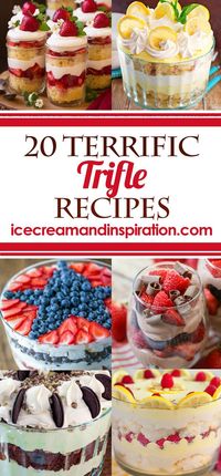 These 20 Terrific Trifle Recipes will give you the perfect, easy dessert for any occasion! From chocolate, to lemon, to mint, raspberry and every flavor in between, there's something here everyone will love! Easy dessert recipes, easy trifle recipes