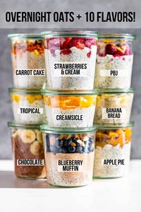 Everything you need to know for how to make Overnight Oats plus 10 Flavors! This super easy make-ahead breakfast for busy mornings that is perfect for meal prep. It's gluten-free and you'll find my dairy-free tips below as well. Overnight oats are typically served cold, but you can warm them up too. The 10 flavor variations are all based off dessert flavors, which means you can eat a healthy breakfast that tastes like you're having dessert!