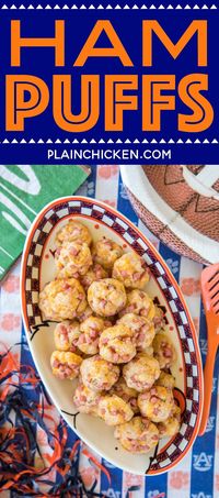 Ham Puffs - CRAZY good!!! SO simple to make and they taste amazing!!! Only 5 ingredients - butter, cheddar cheese, ham, worcestershire and flour. These things fly off the plate at parties. You will want to double the recipe! A great alternative to our usual sausage balls. SO GOOD!!! #ham #appetizerrecipe #partyfood #quickappetizer