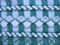 detail of vintage dark green gingham apron with white rick rack trim