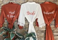 "🌹This listing is for one set of 3 gorgeous satin robes with matching lace trim. You can MIX AND MATCH colors and sizes to create your own unique set of robes. Order INSTRUCTION: 🌹Please select customization option from drop-down list menu; You can purchase robes only or you can customize robes with Names or Initials or Monogram (in order - first/LAST/middle) on the front, please choose \"FRONT\" customization; Names or Titles on the back, please choose \"BACK\" customization. 🌹If you choose