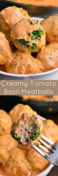 Creamy Tomato Basil Meatballs. These tomato basil meatballs are made with a combination of beef and pork and flavored with sun-dried tomatoes and basil. Creamy tomato basil sauce compliments these meatballs perfectly.