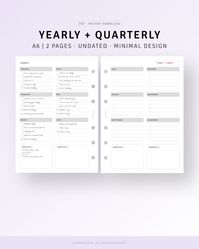 Quarterly Template, Yearly Overview Sheet, Instant Download, Birthday Tracker, Year At A Glance, Year Event Tracker, Annual Agenda Tracking List  [💡MonthlyJoy's Checkpoint!] 𝒀𝒆𝒂𝒓𝒍𝒚 + 𝑸𝒖𝒂𝒓𝒕𝒆𝒓𝒍𝒚 𝑷𝒍𝒂𝒏𝒏𝒆𝒓 𝑨6 𝑷𝒍𝒂𝒏𝒏𝒆𝒓 𝑰𝒏𝒔𝒆𝒓𝒕𝒔. These Yearly Planner Inserts include 12 months and 4 Quarters. It will help to record important dates like birthdays, goals, trips, etc., or keep track of and manage your entire year's schedule at a glance.  · Year on 2 Pages · Year, Month (Jan - Dec), Quarter (1-4)  [📏SIZE] A6 (105 x 148 mm / 4.13 x 5.82 inches)