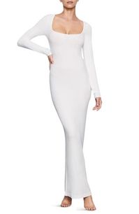 A classic everyday style, this square-neck maxi dress in ribbed stretch modal from Kim Kardashian's SKIMS hugs your body with relaxed comfort. 56" length (size Medium) Slips on over head Square neck Long sleeves Unlined 91% modal, 9% spandex Machine wash, tumble dry Imported