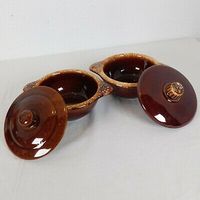 Hull Pottery Brown Drip Set of 2 Covered Onion Soup Bowls 7" Round Handles FLAW | eBay