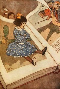 A Little Girl in a Book is one of a dozen short stories in Fairies I Have Met written by Maud Margaret Key Stawell (1865-1949). The book features simple tales with magical beings in crucial roles. Edmund Dulac's illustrations in Art Nouveau style are a special treat for collectors.