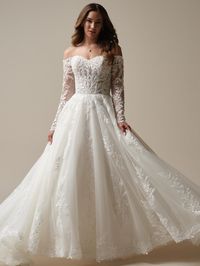 Romantic off-the-shoulder beaded A-line bridal gown