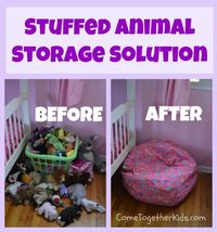 Stuffed Animal Storage Idea {from Come Together Kids} - fill a bean bag chair bag with stuffed animals....oh how smart is this!