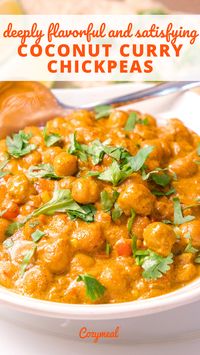 Coconut curry chickpeas is a delightful blend of chickpeas, aromatic spices, and creamy coconut, creating a rich and exotic curry. This vegan dish offers a harmonious fusion of flavors, delivering a taste of the tropics with every bite. It’s the perfect quick and satisfying meal that's both flavorful and nutritious.