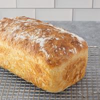 This no-knead bread is baked in a loaf pan, so it's the perfect shape for toast and sandwiches. The bread takes only 5 minutes of prep time!