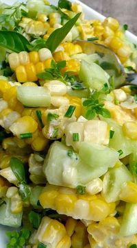 Basil Chive Cucumber & Corn Salad - just a note: Use Veganaise instead of Mayo to make it vegan and in my opinion even tastier.