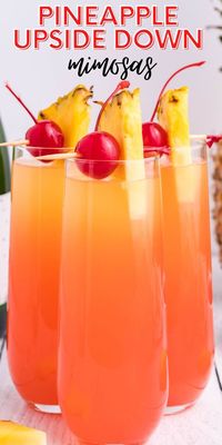 These Pineapple Upside Down Mimosas are deliciously addictive - a mix of classic mimosa and the flavors of sweet and tropical pineapple upside down cake!