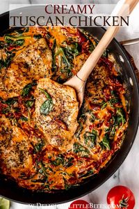 Creamy Tuscan Chicken is an incredibly flavorful, rich meal that you will absolutely love. Seasoned, pan-seared chicken swims in a cream-based sauce with tangy sun-dried tomatoes and savory spinach. It's an easy recipe for any occasion.