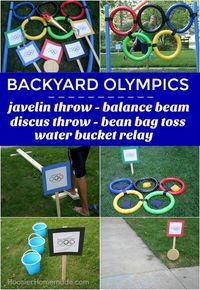 BACKYARD OLYMPICS -- Get the whole family involved in the Olympic Games! These fun and EASY Backyard Olympic Games include Javelin…