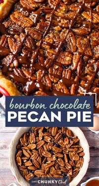 This Bourbon Chocolate Pecan Pie recipe is a fun twist on a classic Fall dessert, and a MUST for any Thanksgiving table.  The gooey, sugary center, warm oak-y flavor of the bourbon and decadent dark chocolate, and the crisp nutty top make this the ultimate holiday dessert! #pecanpie #pecan #chocolate #bourbon #thanksgiving #holiday #dessert #baking