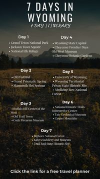 If you are going to be spending 7 days in Wyoming, here is a 7 day itinerary for Wyoming.  Click the link for a free travel planner.