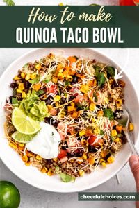 This healthy Quinoa Taco Bowl is perfect for anyone looking for a meal prep friendly recipe that makes 6 bowls at a time! It’s filled with colorful veggies like garden-fresh bell peppers, tomatoes, and canned corn. Customize it with your choice of protein, allowing it to work for all different dietary preferences.