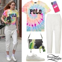 Polo Ralph Lauren Crew Neck Tie-Dye Cotton Tee ($88.00), Nili Lotan Luna Pants ($355.00), a Prada Etiquette Printed Leather Bag ($2,550.00), Casetify Neon Sand Liquid Case ($45.00) and Reebok Club C 85 Zip Sneakers (Sold Out).