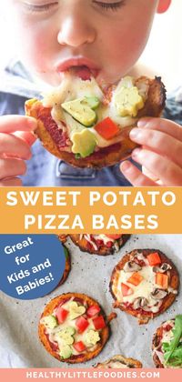 These Sweet Potato Pizza Bases are great for baby-led weaning, toddlers, kids and adults! The recipe is great for both sweet or savoury topping and can be enjoyed at breakfast, lunch or dinner. The crust is made with only 4 ingredients and its a good recipe to make with kids. #sweetpotatopizza #babyledweaning #kidsfood #kidfood