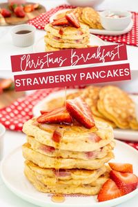 Fluffy strawberry pancakes, this is an easy no fail vanilla pancake recipe studded with sweet fresh strawberries. A perfect Christmas morning breakfast #pancakes #pancakerecipe #strawberrypancakes #kidssnacks