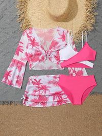 Chicas de color combinado Bañador bikini con con estampado de árbol de coco Set cover up | SHEIN USA