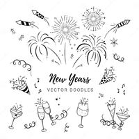 Fun Hand Drawn New Years Party Doodles - Firework, Paper Streamers, Cocktails and Rockets , Great for Banners, Wallpapers, Stock Vector - Illustration of hand, fireworks: 164727678