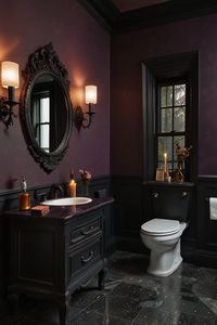 Create a mystical and enchanting bathroom with a witchy color palette. Start with deep hues like midnight black, rich purples, and moody greens to set the tone. Incorporate matte black fixtures and accents, like faucets and towel bars, for a sleek and magical vibe. Add touches of silver or gold for a bit of shimmer, and use candles, crystals, or moon-inspired decor to enhance the mystical atmosphere. Finish with soft, velvety textures for a cozy, magical retreat. #WitchyBathroom #MoodyDecor #MysticalVibes #BathroomInspiration