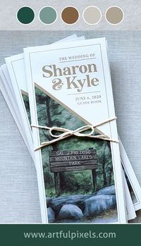 Custom invitation suite for outdoor wedding. Features fold-out brochure of park map, showing trails and wedding event details. Watercolor landscapes, custom invitations, unique invitations, park wedding, national park wedding, state park wedding, forest wedding, wedding stationery.