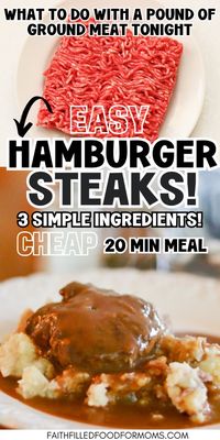 You will LOVE this easy Hamburger Steak with Ground Beef. Made in only 20 minutes and using only 3 ingredients. Check out how easy the brown hamburger gravy is AND it's made on stove top in a skillet but can also be made in the oven. You can add sauteed onions and mushrooms to top it off with. I show you how to do that!