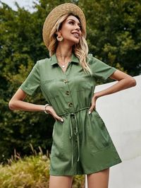 Solid Drawstring Waist Shirt Romper | SHEIN USA