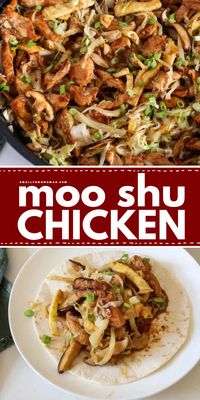 Want more chicken dinner recipes? Here's a must-try main course recipe! It's the BEST Moo Shu Chicken. Cooked in a savory sauce with cabbage, mushrooms, and eggs, this chicken stir fry is so much better than takeout!