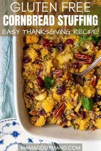 Gluten free stuffing recipe is made with cornbread and has sausage, apples, cranberries, plus pecans. This southern cornbread stuffing is a must around the holidays and now you won't have to miss out with this easy recipe! #glutenfree #cornbreadstuffing #sausage #withsausage #easy #thanksgiving #stuffing #apples