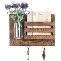 A mail organizer that adds to your rustic home design: This dark brown wood mail holder features a mason jar to hold flowers or small items while adding rustic inspired decor. A space saving wall accessory is perfect for storing your keys, leashes, coats, hats, and more! The perfect addition to farmhouse style and rustic home decor styles! Product Features: Wall-mounted wooden mail holder with key hooks with a rustic burnt wood finish Complete with a stylish, vintage inspired mason jar to pot sm