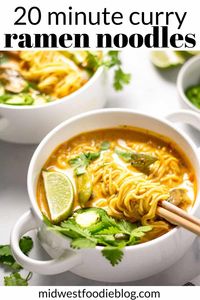 Easy Vegan Curry Ramen Noodles | 20 minutes is all it takes to get this healthy, vegan dinner on the table! Loaded with fresh veggies and rich curry flavors, you'll feel good about serving this meal to your family! #midwestfoodie