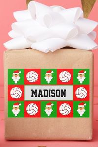 Make your own customized Christmas gift wrapping stickers for volleyball players, coaches and fans, featuring a beautiful red and green checkered Christmas pattern with volleyballs on the red squares, and a cute Santa Clause face on the green squares. These add a fun and personal special touch to any Christmas gift for volleyball lovers during the holiday season!