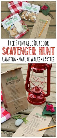 Free printable outdoor scavenger hunt. Print this directly onto a paper bag so your kiddos have somewhere to collect all of their goodies! Perfect for camping, nature walks, and camping parties!