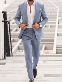 Blue Men's Wedding Linen Suits Summer Beach Wedding Suits 2 Piece Solid Colored Tailored Fit Single Breasted Two-buttons 2024 2024 - $93.99