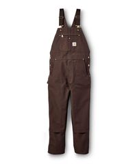 From Carhartt these cotton duck overalls perform well and provide a good fit. They have adjustable suspenders with front elastic for flexibility as you move. For added comfort stretch side gussets fit close to the body at waist level. These overalls have chap-style front legs and kick panels. Built for strength and durability the overalls feature triple-stitched main seams with metal rivets placed at typical stress points.