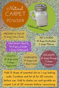 Easy homemade carpet deodorizer powder infused with essential oils. Sprinkle before vacuuming. Reuse an old spice container (www.OddsandEvans.com) #naturalcleaning #essentialoils #youngliving