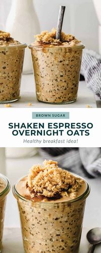 If you love Starbucks' Brown Sugar Shaken Espresso, you are going to love these overnight oats! They're made with espresso, chia seeds, almond milk, and brown sugar.