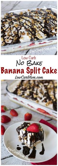 A delicious no bake low carb banana split cake cheesecake that looks and tastes spectacular! You can make a large pan of this yummy low carb dessert to share at a party. LCHF Keto Banting Gluten Free Dessert Recipe