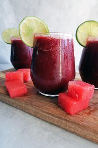 4-Ingredient Watermelon Cherry Slushies with Seedless Watermelon, Frozen Sweet Cherries, Fresh Lime, Fresh Mint, Cold Water.